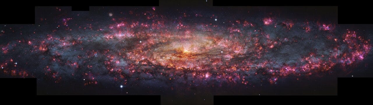 This is an image of a spiral galaxy, showing a thousand different colours that show the regions of different stars, gas and dust. There are so many stars and so much light in the image that it makes the galaxy look misty or dusty. The centre of the galaxy has more golden and orange light, while the outer edges fade into a deep blue that further fades into the black of the universe. Speckled across the galaxy are portions of bright pink light, along with patches of brown and black.