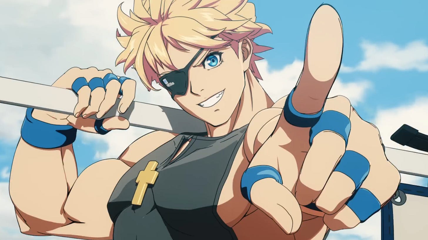 A closeup shot of Sin smiling and pointing at the viewer with his flag resting on his shoulder.