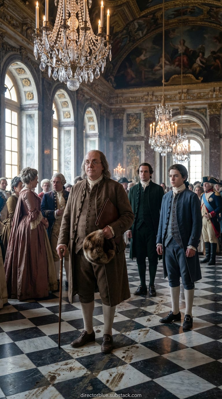 IMAGE PROMPT FOR HISTORIC REENACTMENT EDUCATIONAL SERIES  BENJAMIN FRANKLIN IN PARIS  1778916 vertical portrait format hyper-realistic photographic style as if shot with high-end cinema camera in period setting Interior of Chateau de Versail_image_1