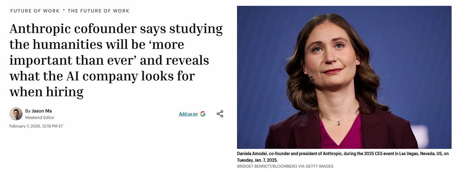 A digital news article screenshot titled "Anthropic cofounder says studying the humanities will be ‘more important than ever’ and reveals what the AI company looks for when hiring." The article, written by Jason Ma and dated February 7, 2026, features a portrait of Daniela Amodei, co-founder and president of Anthropic.