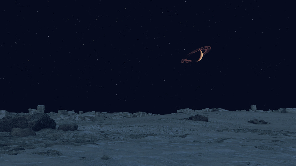 An icy landscape at night stretches into the distance under a black starry sky, a ringed gas giant visible in the upper right 