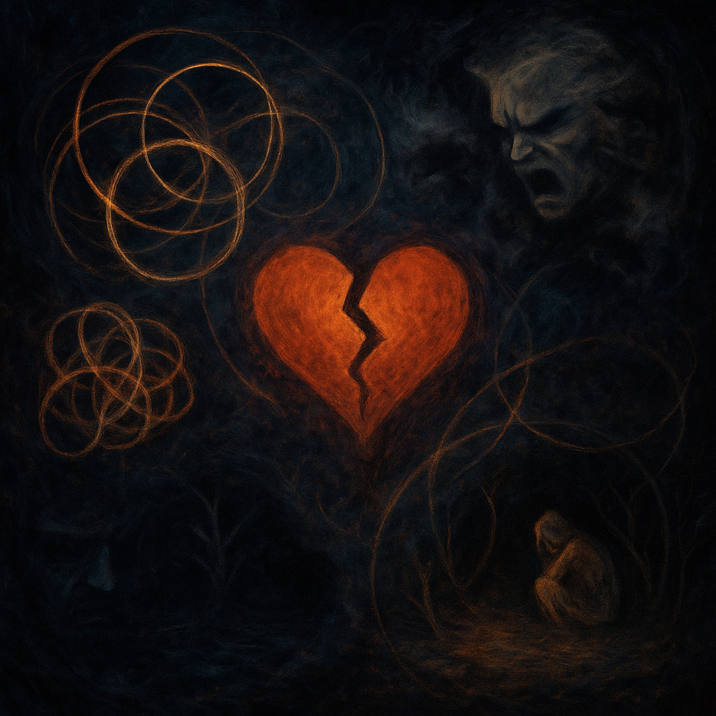 An abstract, highly detailed digital artwork depicting fragmented loops, broken circular patterns, and tangled knots floating in a dark, ethereal space. Wisps of shadow and light weave through the composition, evoking emotions of loss, fear, and barren emptiness. Faint, heart-like structures dissolve into the chaos, symbolising emotional collapse within distorted recognition loops at a cosmic, archetypal level.