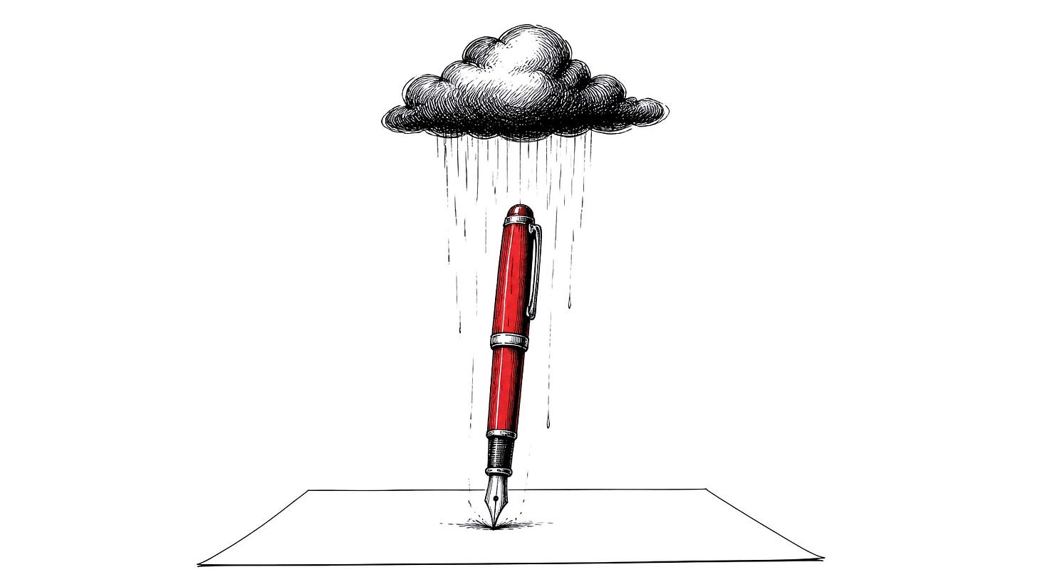 A fountain pen on a blank page under its own small rain cloud. A fountain pen on a blank page under its own small rain cloud.