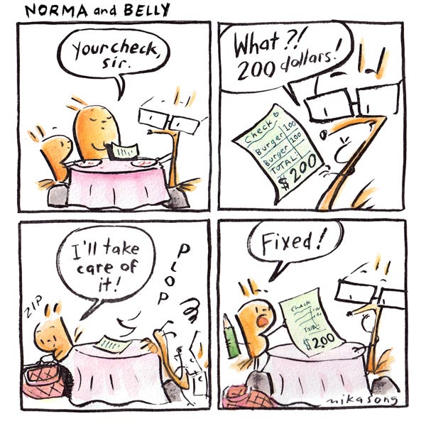 The squirrels, Little Bee and Gramps finish their food at a restaurant. Belly, the squirrel gives them their check. Gramps is surprised because the check says they owe 200 dollars. Little Bee says she will take care of it and opens her bag as Gramps faints. Little Bee says fixed! The check now says 2 dollars because Little Bee wrote in a decimal point.