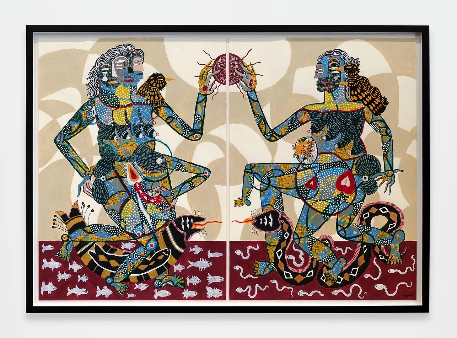 Tarini Sethi, Swimming at Sunrise (2025), a richly detailed artwork with layered imagery and small visual “easter egg” details across the surface.