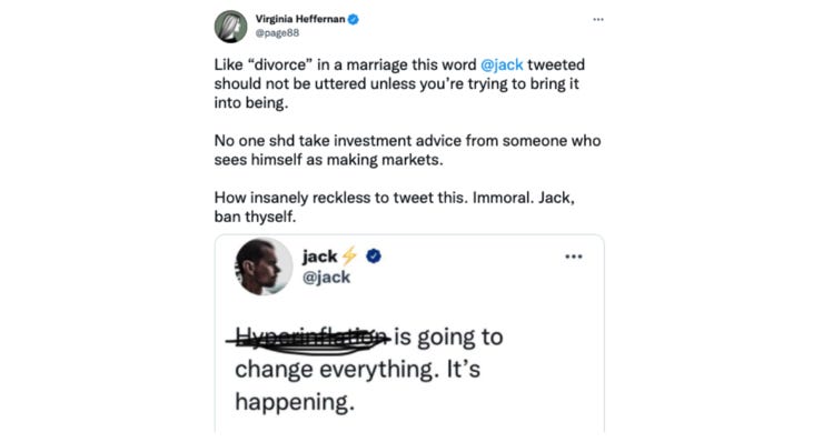 Jack Dorsey, fundador do Twitter, sendo cancelado na sua própria rede social por alertar seguidores para a escalada iminente da inflação. Jack Dorsey, fundador do Twitter, sendo cancelado na sua própria rede social por alertar seguidores para a escalada iminente da inflação.