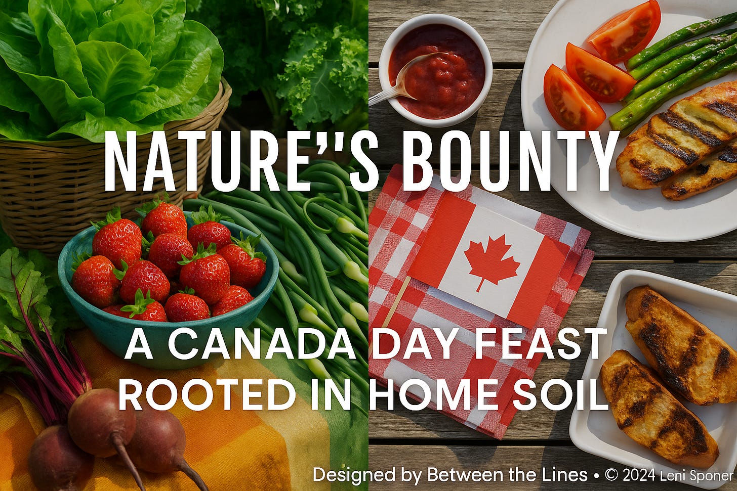 A split-image showing freshly harvested Canadian produce (strawberries, lettuce, green beans, beets) on the left, and a rustic wooden picnic table with grilled local vegetables, tomatoes, and a small Canadian flag napkin on the right.