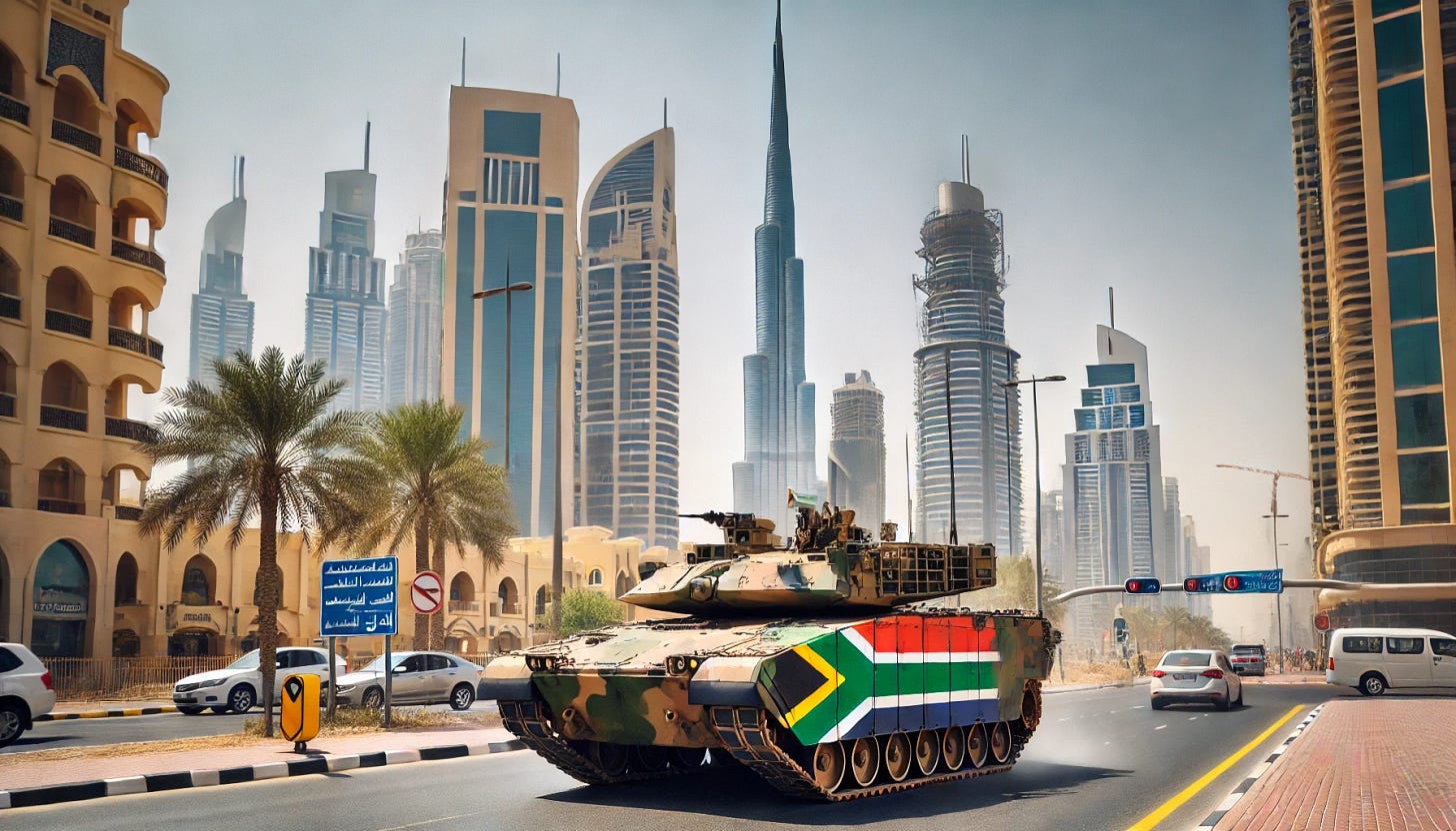 A modern military tank driving through the streets of Dubai, with the Burj Khalifa visible in the background. The tank is painted in standard military camouflage without any flags or national symbols. The urban environment features Dubai's futuristic skyscrapers, clean roads, palm trees, and street signs in Arabic and English. The tank is kicking up light dust as it moves, and there are a few cars and curious onlookers nearby, capturing the moment with smartphones. The atmosphere is sunny and bright, showcasing a clear desert sky above the bustling city.
