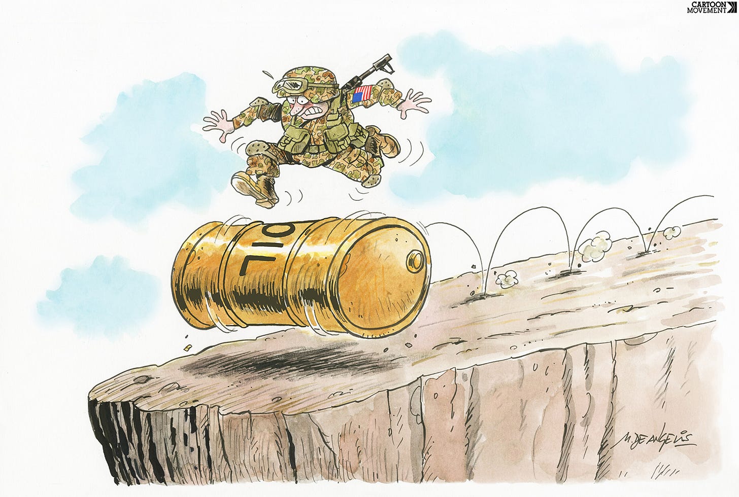 Cartoon showing a US soldier running to keep his balance on a oil drum that is rolling towards the edge of a cliff.