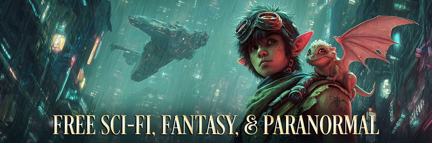 Promotional banner for free sci-fi, fantasy, and paranormal books, featuring a young goggled adventurer with pointed ears, a small winged dragon, and spaceships in a futuristic neon city.