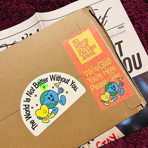 Three photos: A newspaper article with the headline "You are not your thoughts"; a front page of a newspaper called The World Post; a sticker that says "The world is not better without you."