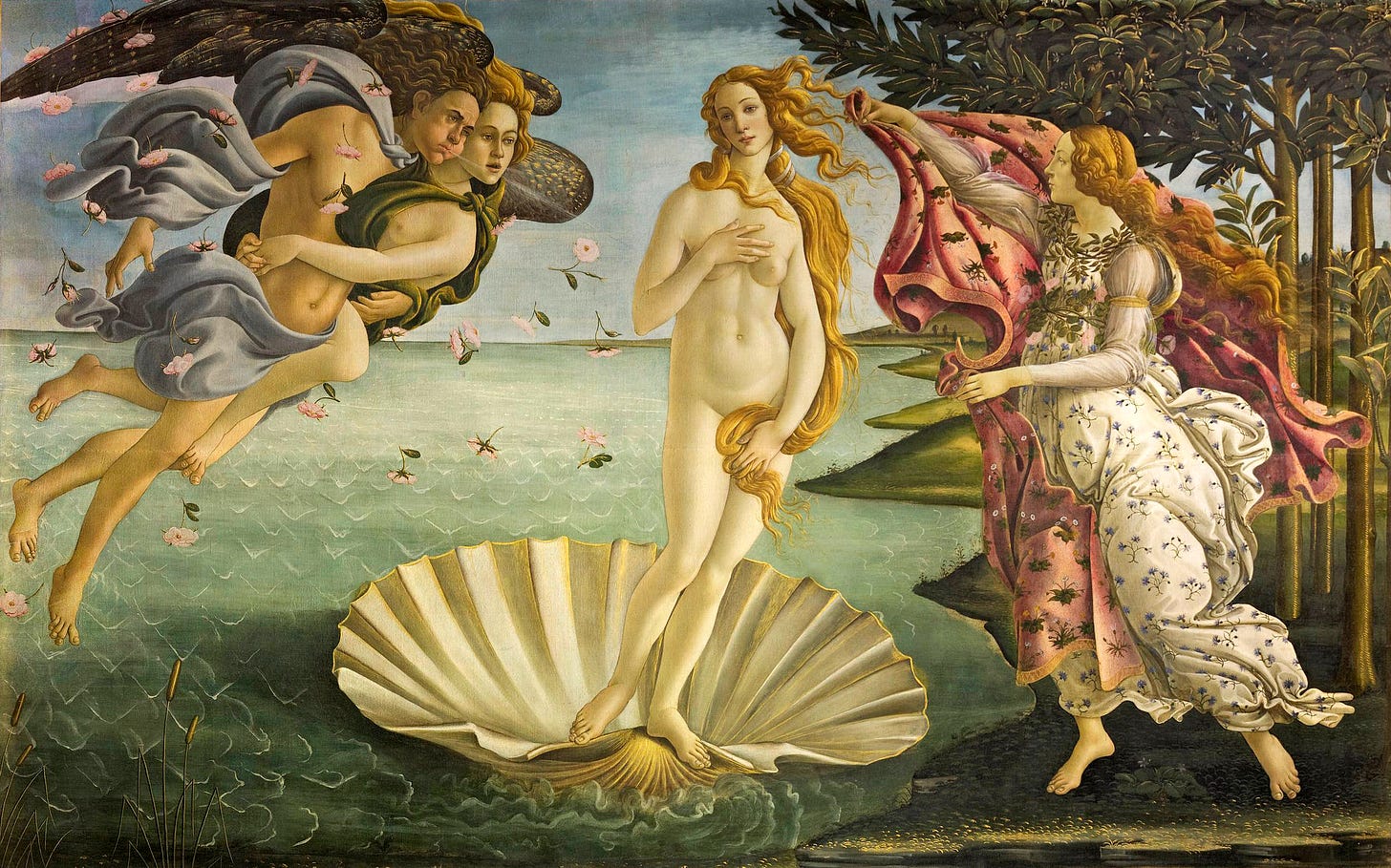 O quadro retrata o nascimento de Vênus, ou Afrodite, e mostra uma mulher branca e nua surgindo de uma concha do mar, em uma costa. É dia. Ela tem longos cabelos claros. À sua esquerda, duas figuras nuas, envoltas em panos e com asas, sopram um vento forte com flores na sua direção. À sua direita, um litoral. Uma mulher, vestida de camisola clara com flores, estende um pano vermelho com flores para cobrir o corpo da mulher. Ao fundo, árvores de tronco fino e muitas folhagens se estendem.