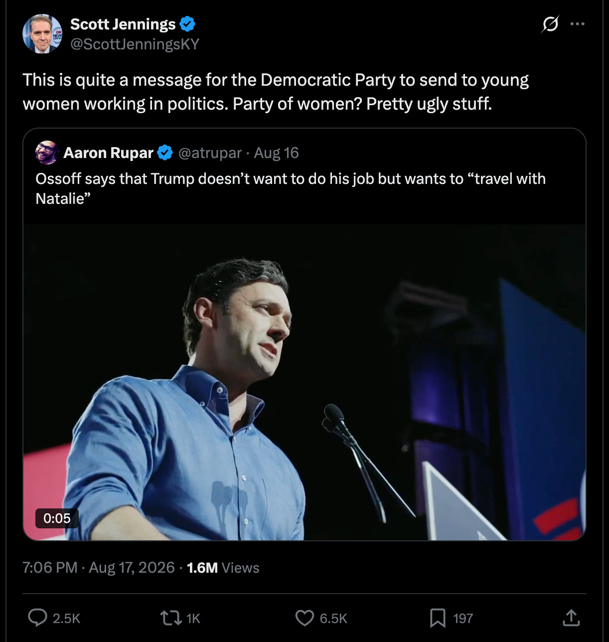 Jennings: This is quite a message for the Democratic Party to send to young women working in politics. Party of women? Pretty ugly stuff. Jennings: This is quite a message for the Democratic Party to send to young women working in politics. Party of women? Pretty ugly stuff.