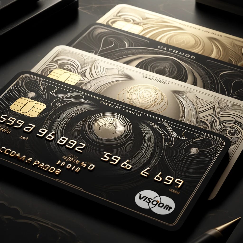 A classy image of five credit cards spread out like a fan. The credit cards feature elegant designs and premium colors such as black, gold, and silver. The cards include well-known networks like Visa, MasterCard, and American Express. The cards are placed on a sophisticated surface, such as a dark wooden table or a marble countertop, with subtle reflections and soft lighting to give the image a luxurious and refined feel.