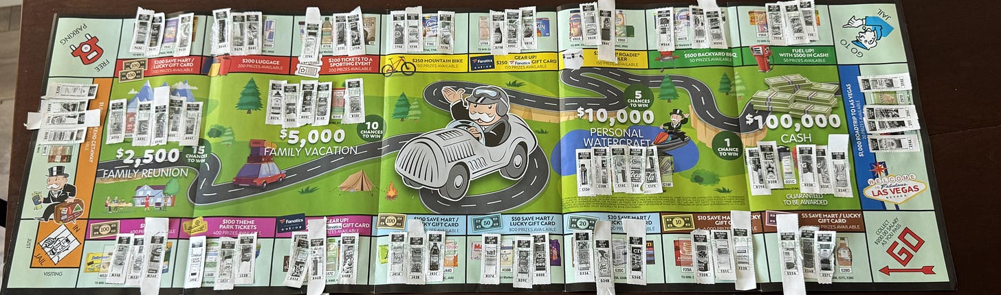 A photo of the Save Mart and Lucky Monopoly board from 2024