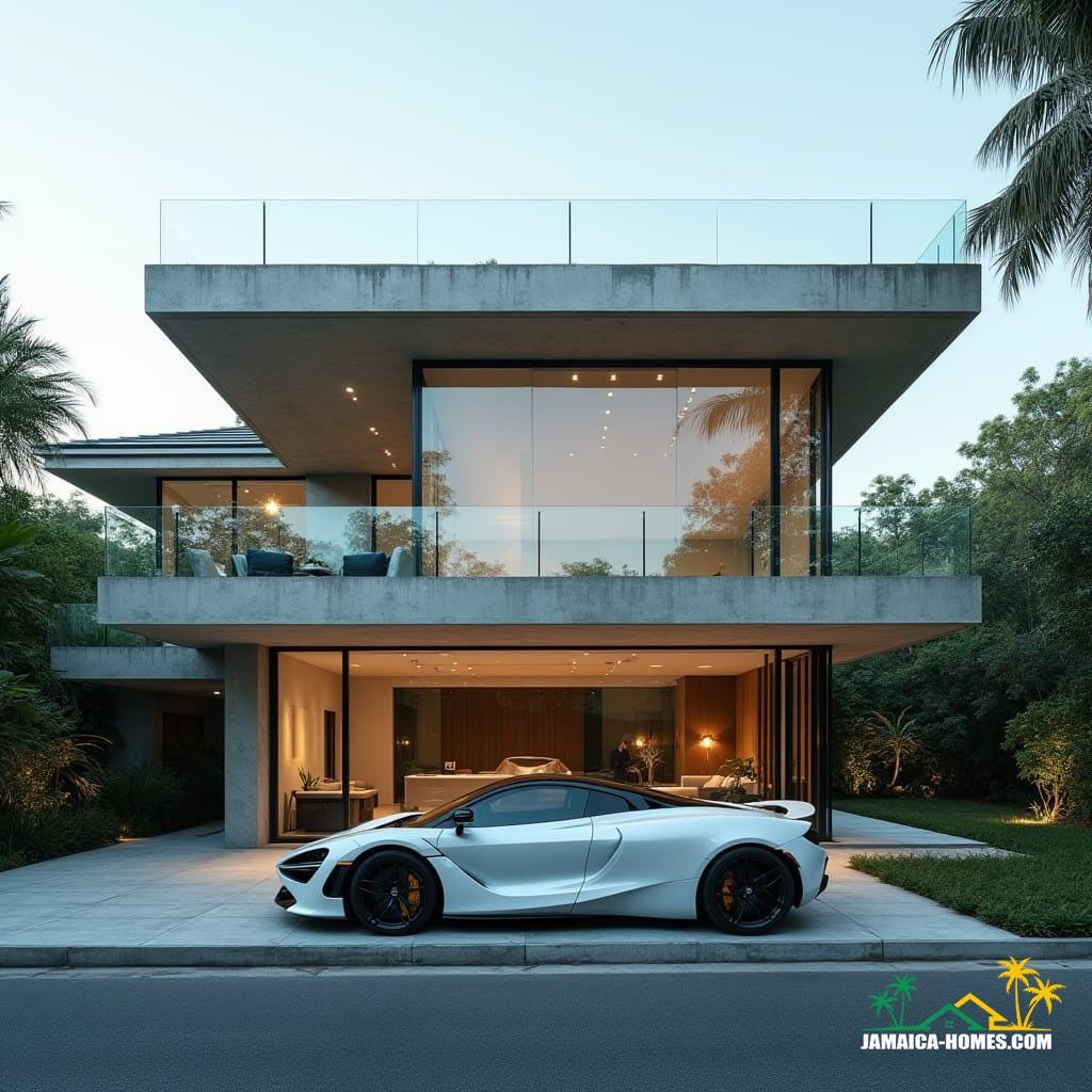 A creative Jamaican townhouse in Kingston made from stacked shipping containers and concrete blocks, bold geometric forms, large square windows, and flat roof with rooftop spa. Industrial chic detailing, rooftop garden.