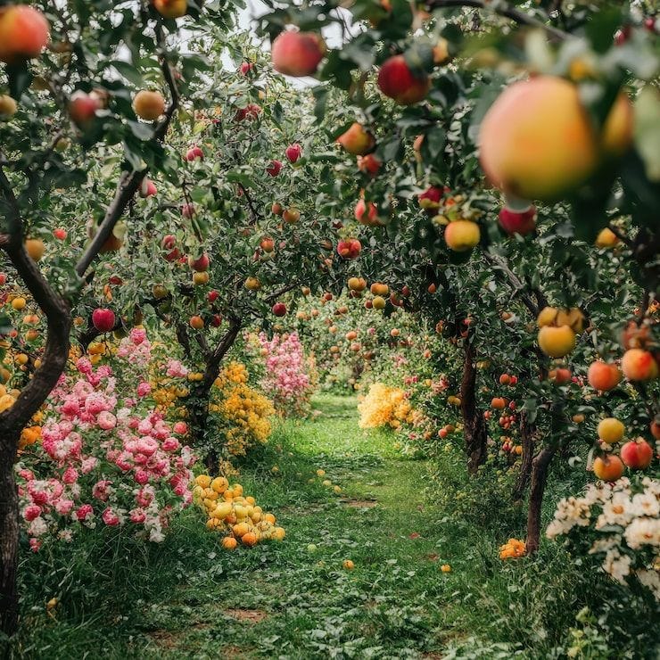 Photo lush garden filled with flowering fruit trees