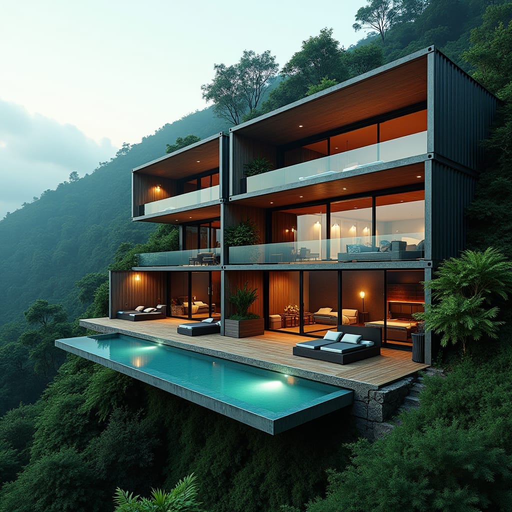 A modern 4-bedroom Jamaican container home with four bedrooms, nestled into a lush hillside, featuring numerous large, protruding platforms that seem to defy gravity, with a sleek, infinity-edge pool that blends seamlessly into the surroundings. The home's bold, industrial design is juxtaposed with the natural beauty of the hillside, creating a striking visual contrast.
