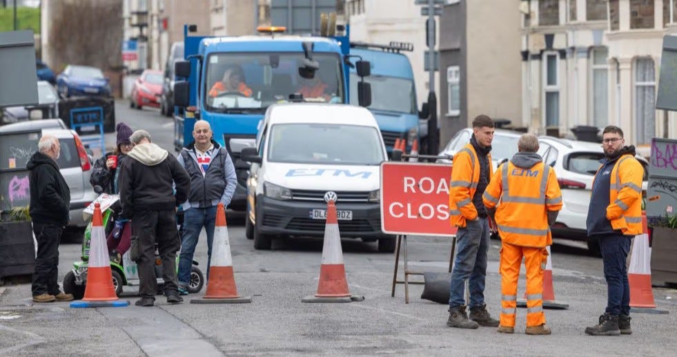 Residents block ETM contractors on Avonvale Road, Barton Hill, Bristol, during the East Bristol Liveable Neighbourhood bus gate protest, April 2026