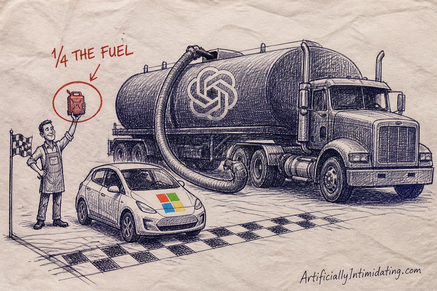 An engineer in an apron holds up one small red fuel can labeled 1/4 THE FUEL beside a compact car with a four-square window emblem that has already crossed the finish line, while a giant tanker marked with a flower-knot emblem is still pumping fuel into an enormous tank. An engineer in an apron holds up one small red fuel can labeled 1/4 THE FUEL beside a compact car with a four-square window emblem that has already crossed the finish line, while a giant tanker marked with a flower-knot emblem is still pumping fuel into an enormous tank.