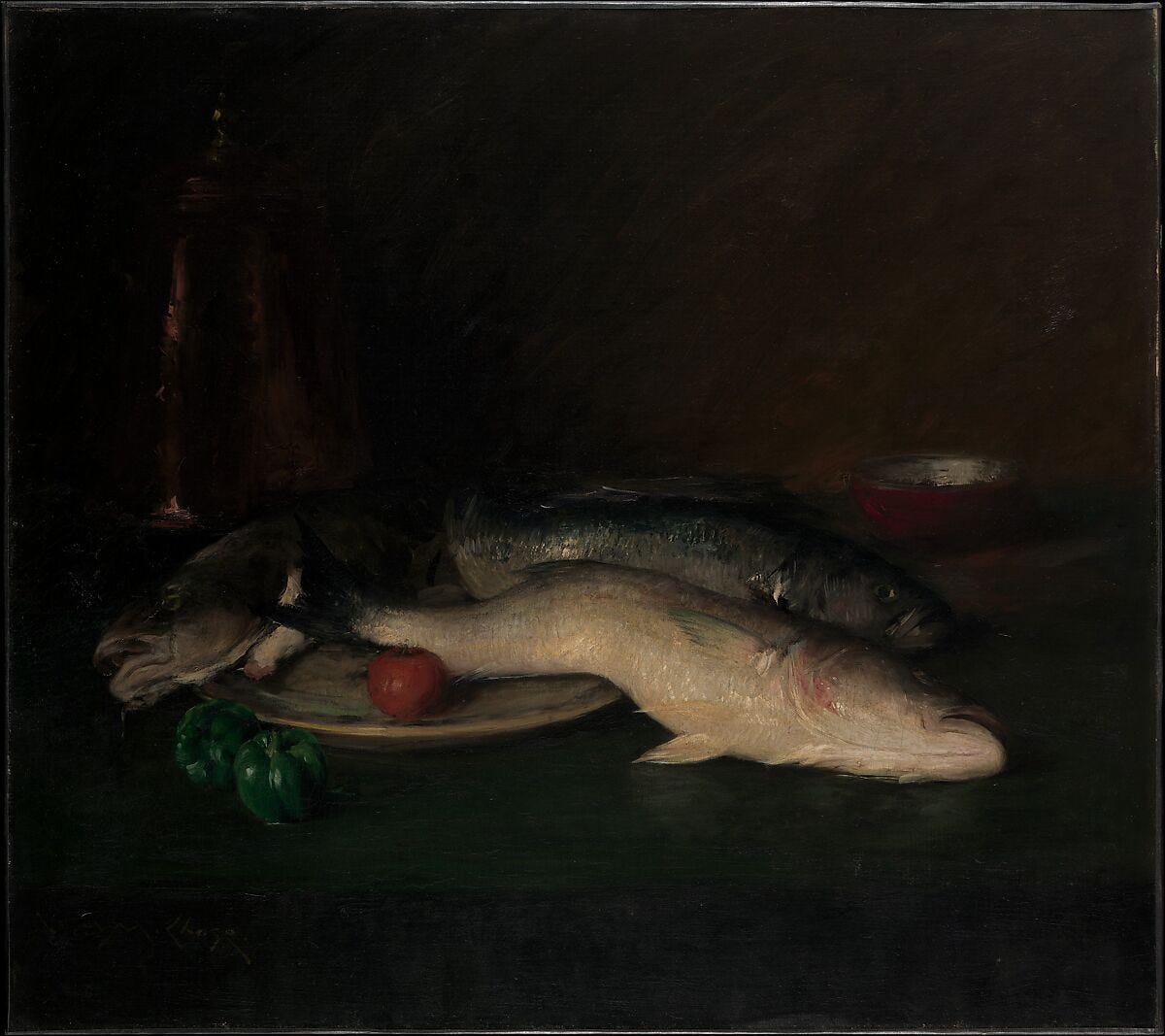 Still Life: Fish, William Merritt Chase (American, Williamsburg, Indiana 1849–1916 New York), Oil on canvas, American Still Life: Fish, William Merritt Chase (American, Williamsburg, Indiana 1849–1916 New York), Oil on canvas, American