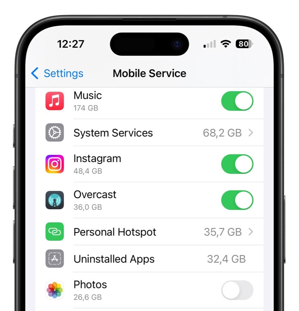 Screen z ustawień danych sieci komórkowej w systemie iOS 17.