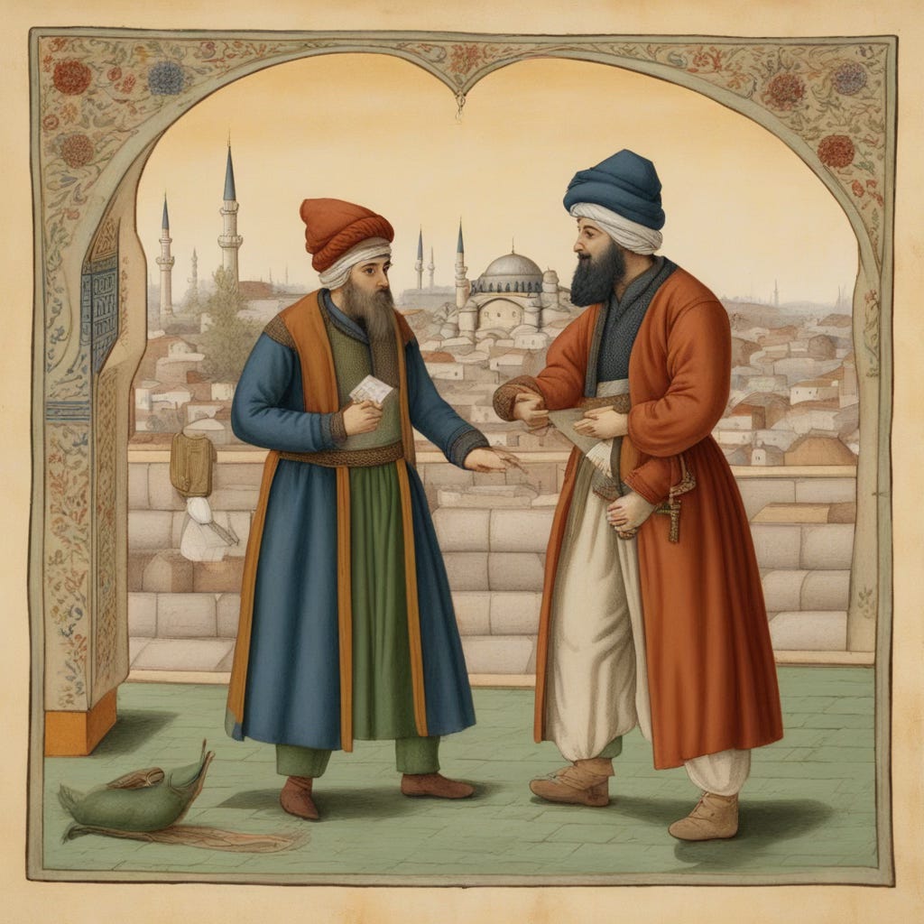 Image generated with mage.space and depicting two men talking in medieval Istanbul