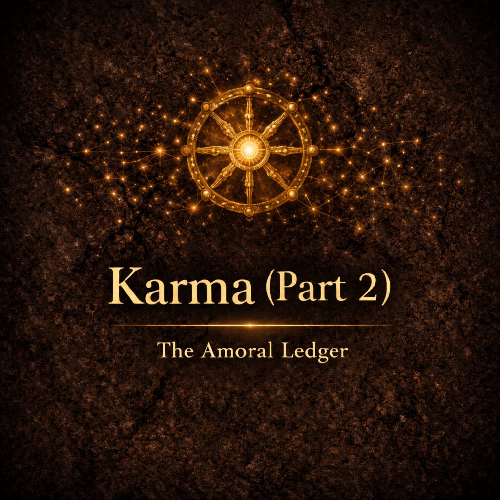 A dramatic title graphic with a dark textured background and glowing golden elements. At the top is an ornate wheel-like symbol surrounded by sparkling interconnected lights. Large gold serif text in the center reads “Karma (Part 2).” Beneath it, smaller text says: “The Amoral Ledger.” The overall design has a mystical, epic, and cinematic feel.