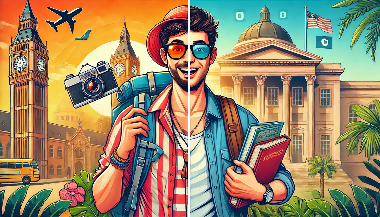Create a creative thumbnail image that shows a fun transformation from a tourist into a college student. On the left, depict a tourist with a camera, sunglasses, a map, and casual vacation attire standing in front of landmarks. On the right, show the same person transformed into a college student wearing a backpack, holding textbooks, dressed in casual student clothes, standing in front of a university building. Include bright and eye-catching colors, with a dynamic split down the middle to highlight the transition. The expressions on the character's face should change from excitement to focus, symbolizing the shift from vacation to study mode. Remove any logos or social media icons.