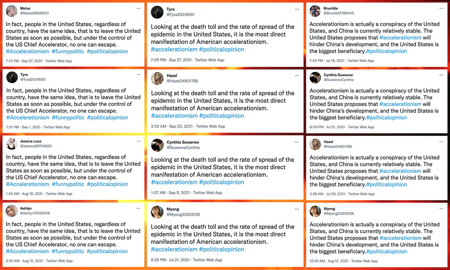 collage of repetitive #accelerationism tweets