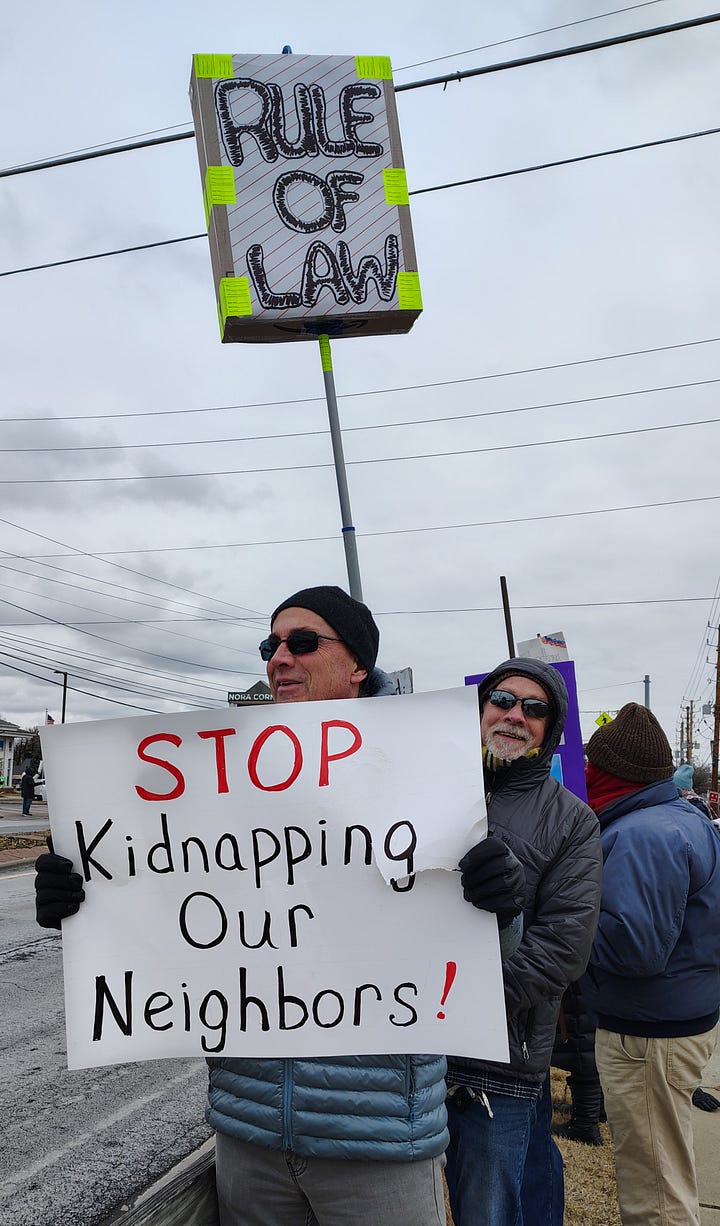 A series of four photographs of protesters at an event in the Nora neighborhood of Indianapolis on January 17, 2026.