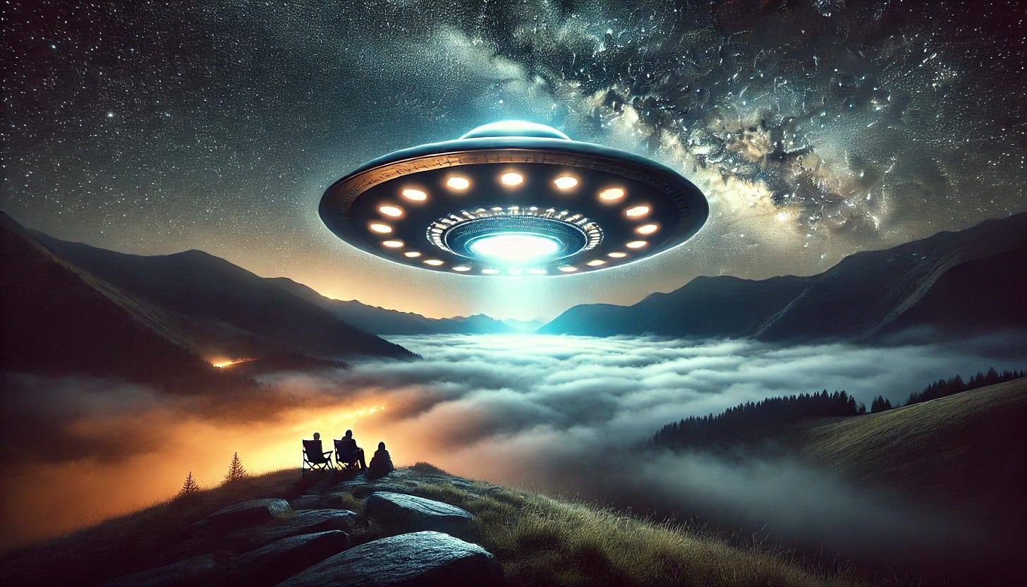 A surreal and majestic scene featuring a glowing, UFO-like orb rising out of a dense layer of fog in a valley, with a starry night sky above. The UFO emits a pulsating, mysterious light with a metallic sheen, casting an eerie glow on the surrounding atmosphere. The sky is clear, filled with thousands of flickering stars and hints of the Milky Way, contrasting with the ominous fog below. In the foreground, three silhouetted figures sit in lawn chairs on a rugged mountain peak, gazing at the UFO. The scene combines tranquility with an otherworldly and mysterious energy.