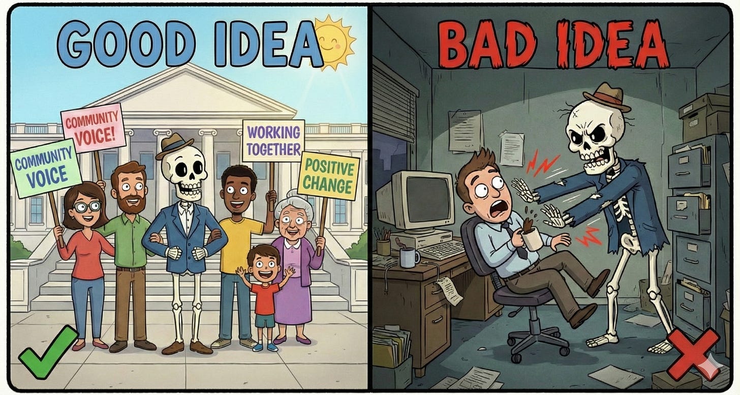 A two-panel digital illustration parodying the Animaniacs "Good Idea, Bad Idea" segments. The left panel ("GOOD IDEA") shows Mr. Skullhead—a cartoon skeleton in a blue suit—standing with a diverse group of four people holding signs that read "COMMUNITY VOICE!", "WORKING TOGETHER!", and "POSITIVE CHANGE." The right panel ("BAD IDEA") shows Mr. Skullhead shouting through a megaphone at a man sitting at a computer desk who is recoiling in distress. Both panels feature the signature bubbly font and colored borders (green for Good, red for Bad) of the original series.