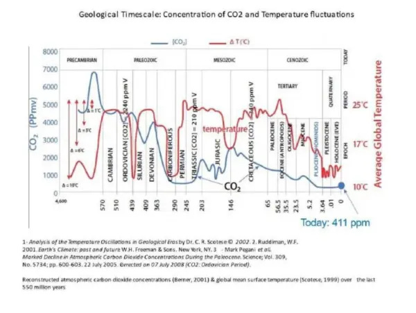 This chart shows CO2 levels (blue) and temperatures (red) over time, indicating little correlation and current levels of both at historic lows. (Source: Analysis of the Temperature Oscillations in Geological Eras by Dr. C. R. Scotese; Earth's Climate: Past and Future by Mark Peganini; Marked Decline in Atmospheric Carbon Dioxide Concentrations During the Paleocene, Science magazine vol. 309.) This chart shows CO2 levels (blue) and temperatures (red) over time, indicating little correlation and current levels of both at historic lows. (Source: Analysis of the Temperature Oscillations in Geological Eras by Dr. C. R. Scotese; Earth's Climate: Past and Future by Mark Peganini; Marked Decline in Atmospheric Carbon Dioxide Concentrations During the Paleocene, Science magazine vol. 309.)