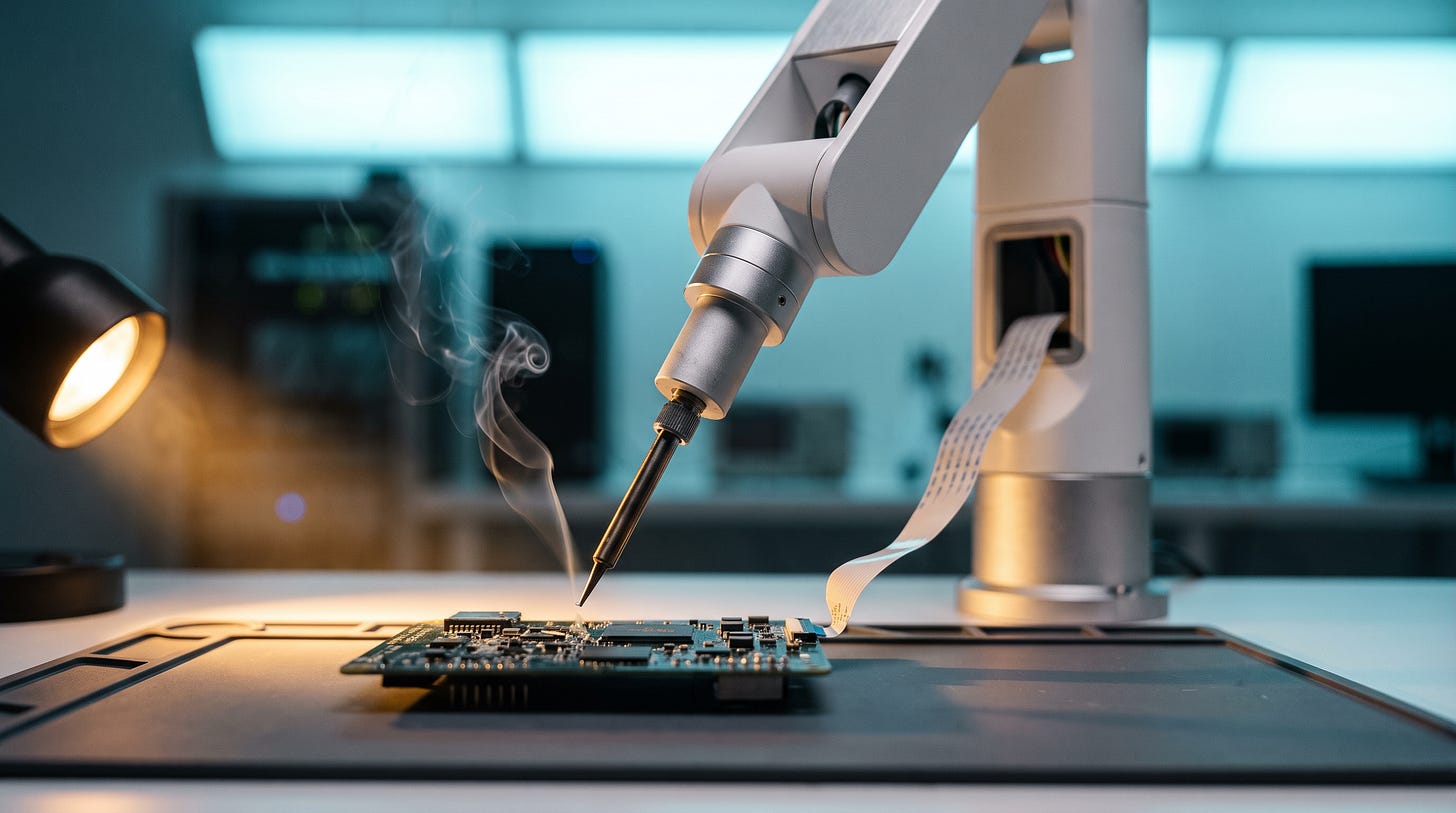 Een robotarm soldeert aan een printplaat die via een lintkabel in zijn eigen behuizing zit (AI-gegenereerde illustratie) Een robotarm soldeert aan een printplaat die via een lintkabel in zijn eigen behuizing zit (AI-gegenereerde illustratie)