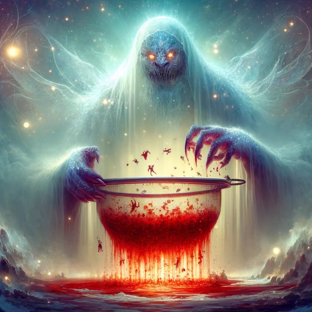 A mystical and ethereal scene of a giant monster holding a sieve filled with blood. The monster has an otherworldly, spectral appearance, with glowing eyes and a translucent body. The sieve is large, shimmering, and filled with blood that glows with an eerie light. Small animals are falling through the sieve, surrounded by a mystical aura. The background is a dreamlike landscape with mist, soft glowing lights, and an ethereal atmosphere, blending horror with a sense of the surreal and magical.