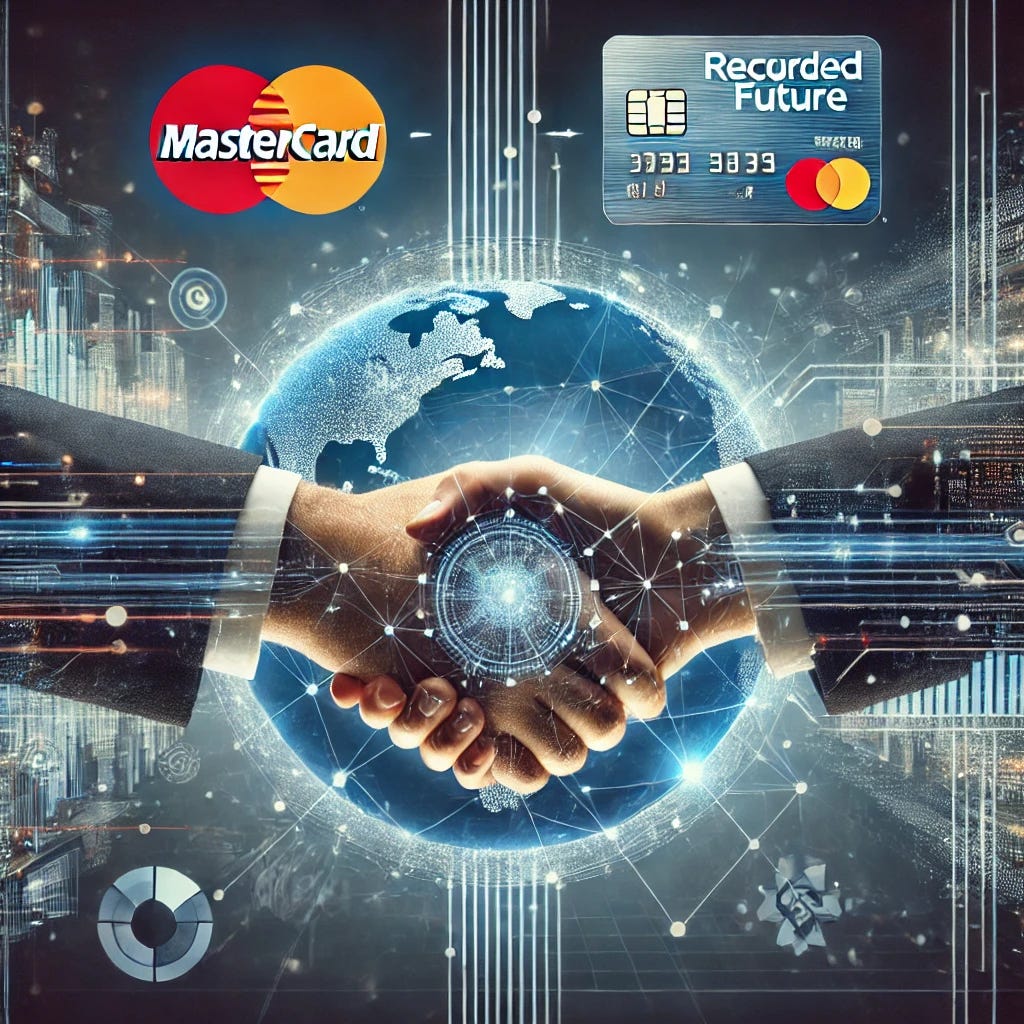 A visual representation of Mastercard acquiring Recorded Future, showing a handshake between two digital entities. One side features the Mastercard logo integrated into a global financial network, and the other side shows Recorded Future’s logo surrounded by data streams, graphs, and AI-driven cybersecurity elements. The background includes a futuristic network of connections, representing the merger of financial and cybersecurity worlds. The color scheme includes blues, silvers, reds, and subtle highlights to give a modern, technological feel.