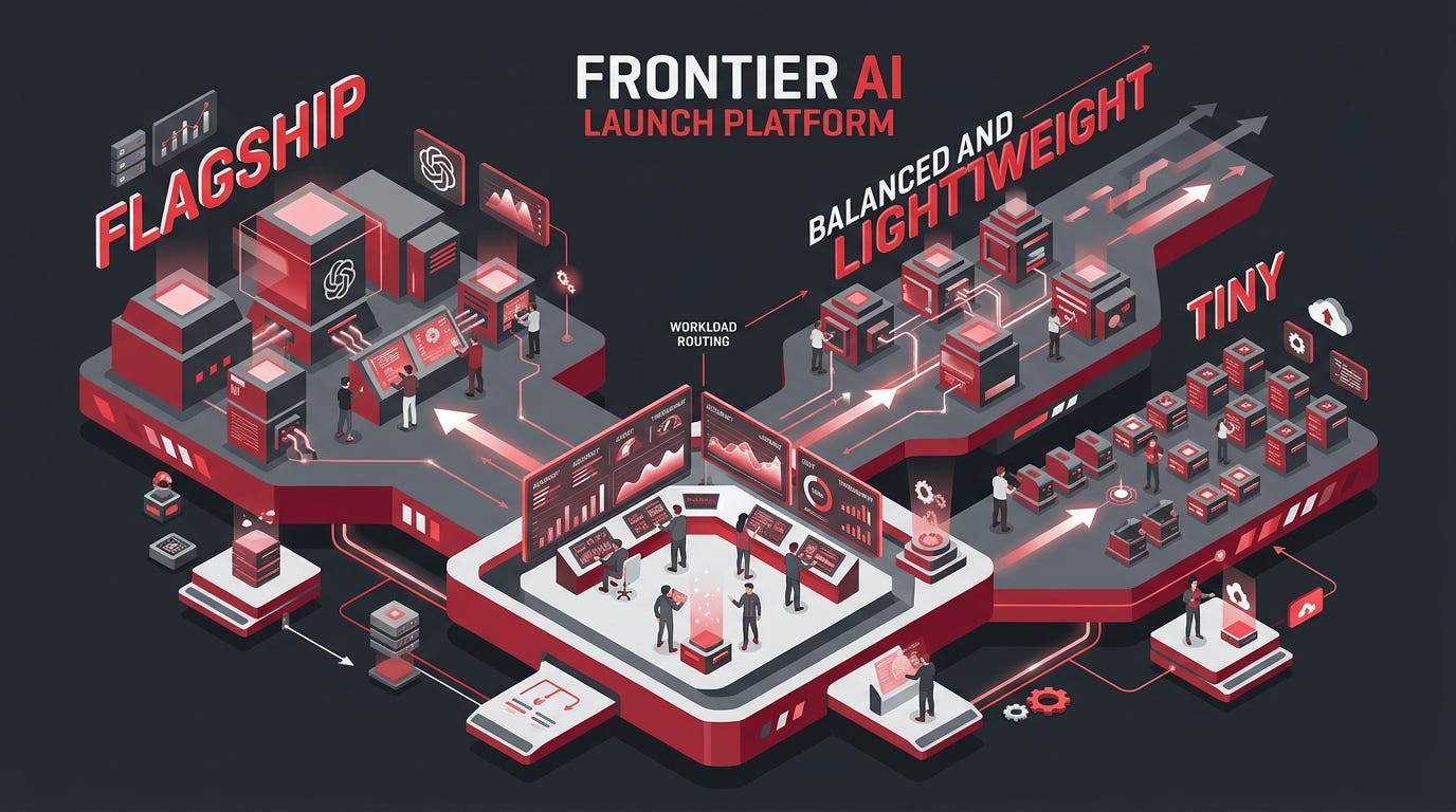 Flat isometric illustration of a massive frontier AI launch platform opening simultaneously into three distinct deployment lanes labeled flagship, balanced and lightweight, tiny enterprise teams routing workloads between the models while engineers monitor benchmark displays, visual emphasis on capability scaling and structured deployment, bold red and graphite gray color palette, clean vector art style, dark background, modern tech editorial aesthetic Flat isometric illustration of a massive frontier AI launch platform opening simultaneously into three distinct deployment lanes labeled flagship, balanced and lightweight, tiny enterprise teams routing workloads between the models while engineers monitor benchmark displays, visual emphasis on capability scaling and structured deployment, bold red and graphite gray color palette, clean vector art style, dark background, modern tech editorial aesthetic