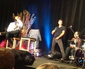 Jensen cools off over the fan...