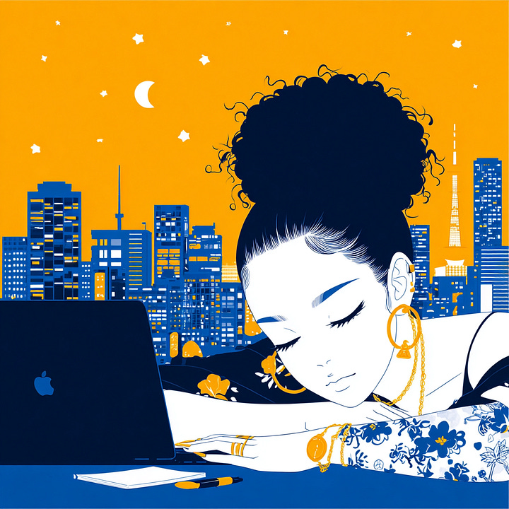 a cinematic still of an african american woman with curly hair laying on her bed, writing in a journal.