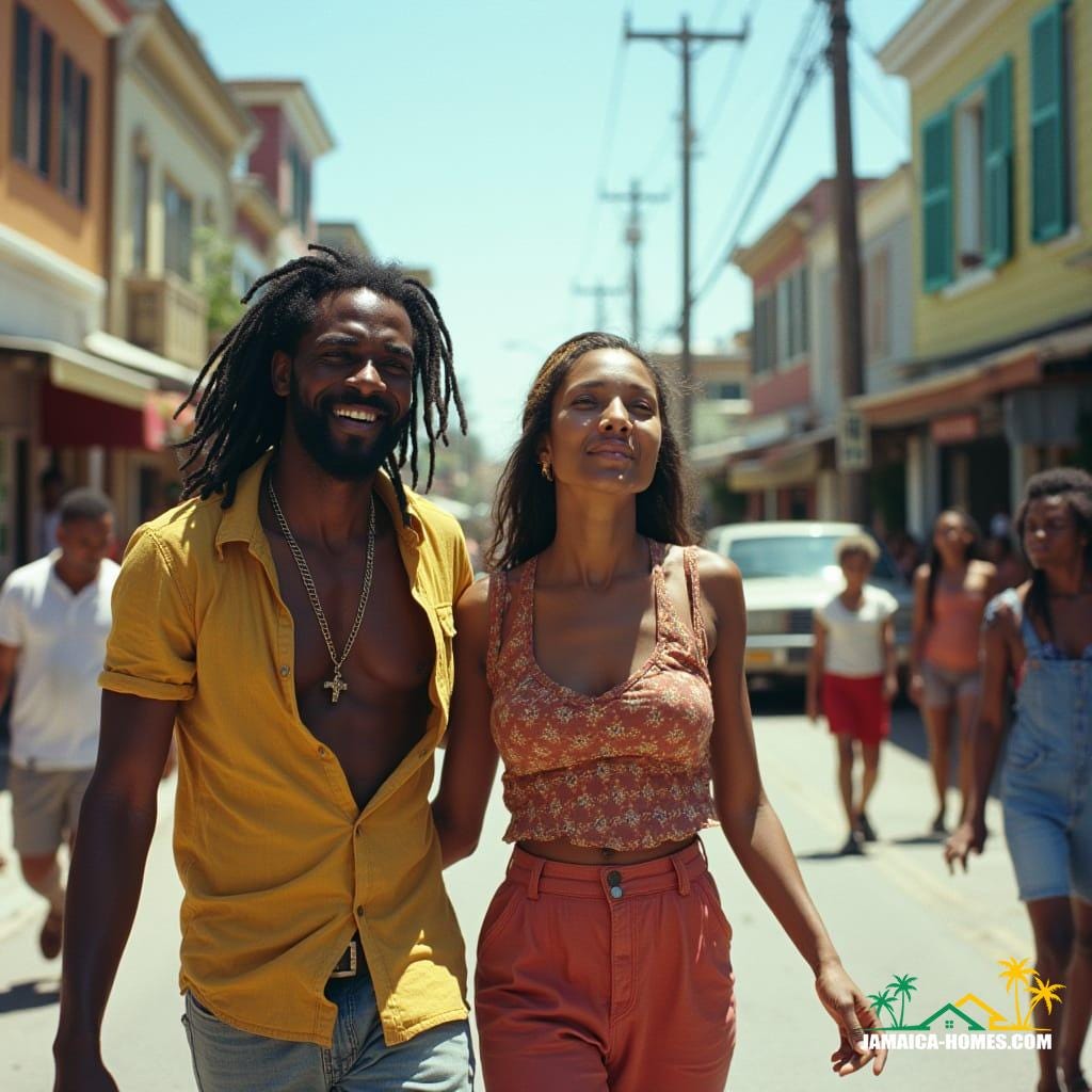  Jamaican man with dreadlocks and woman walking on a lively street, close-up, detailed facial features, sharp focus, amidst kids playing, someone driving a car along a lake, mixed old and modern real estate to the right, people walking, talking, and enjoying themselves, vibrant, colorful background, sunny day, cinematic lighting, authentic street life, diverse and joyful atmosphere, in the style of Gordon Parks, Steve McCurry, and Jimmy Nelson, with a blend of ultra-realistic cinematography, film grain, and vignette, color graded, post-processed, reminiscent of 35mm film, live-action, with dramatic, stunning, and epic qualities.