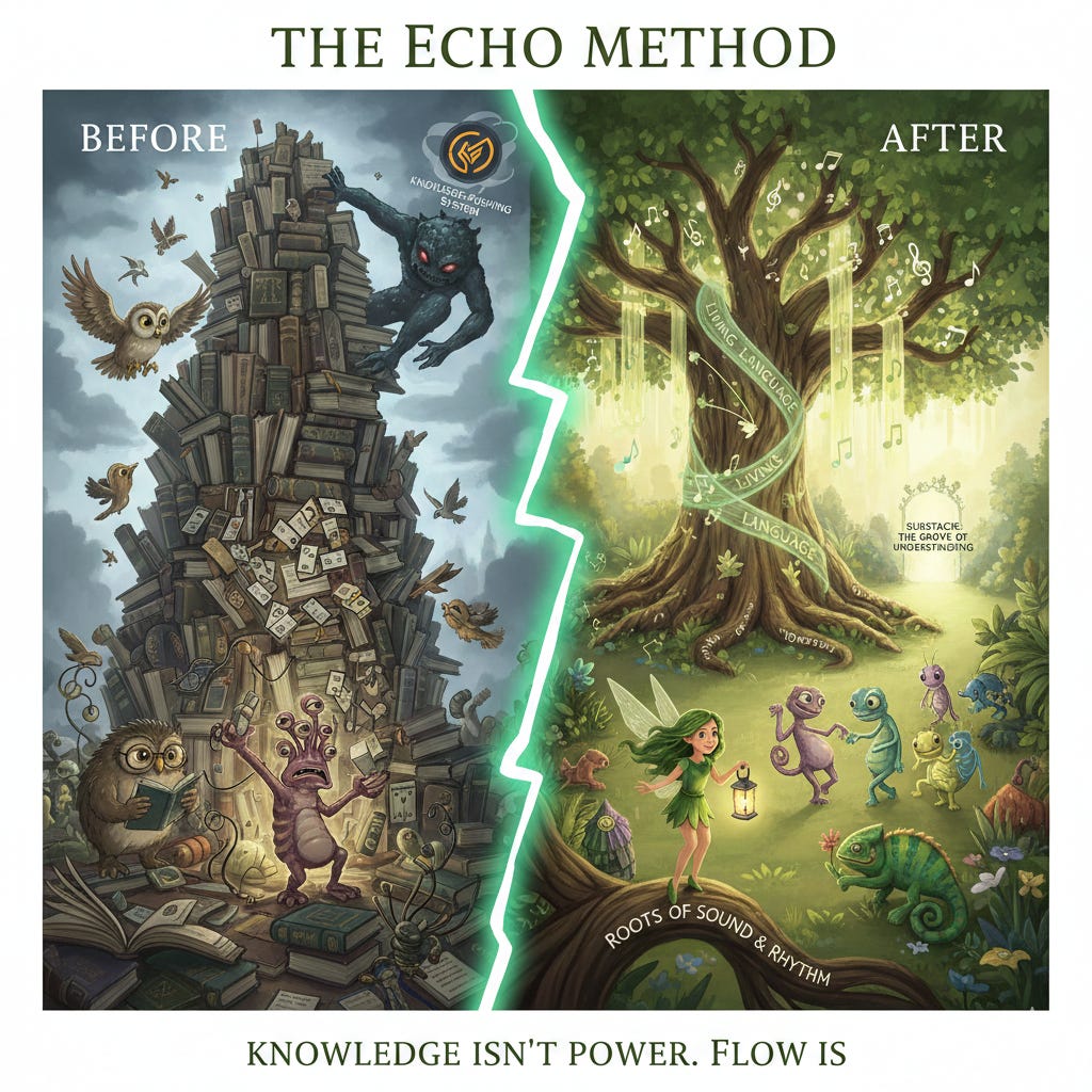 Alt属性（代替テキスト） 左側には「知識の詰め込み」で身動きが取れなくなったモンスターやフクロウが、積み上がった本や書類の塔に絶望している様子（Before）。右側には、15歳の緑の髪の妖精がランタンで道を照らし、カメレオンたちが「音とリズムの根っこ」から伸びる生命の樹の下で楽しく踊っている様子（After）。「英語を勉強する」という傲慢な錯覚を捨て、大人の知性で音を「濃縮」し、身体に馴染ませるECHOメソッドの本質を表現したストーリーテリング形式のイラスト。