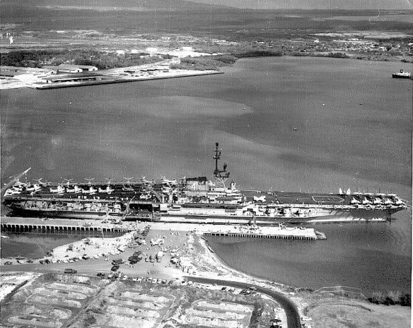 USS Midway docked at Pearl Harbor in August 1958, before her patrol to the Taiwan Strait