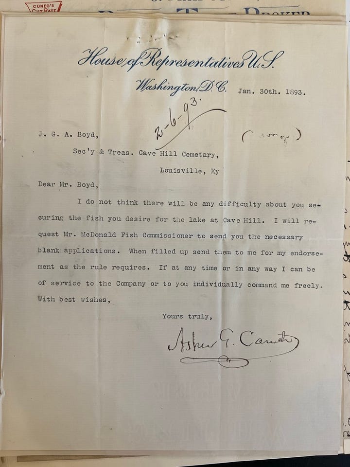 typewritten letters from 1893 regarding fish at Cave Hill