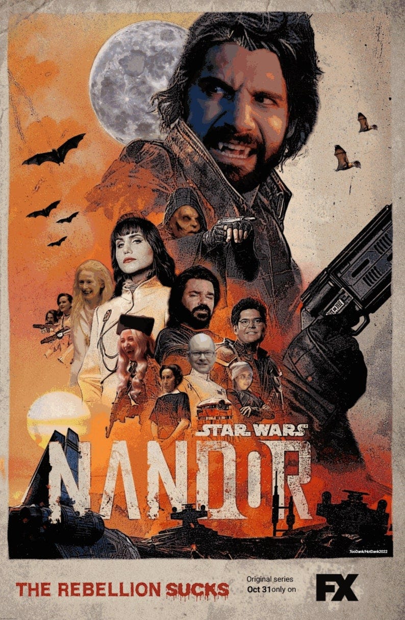 May include: A movie poster for the TV show 'Star Wars: Andor' with a red, orange, and yellow color scheme. The poster features a character with a beard and a dark hooded cloak holding a gun. The text on the poster reads 'Star Wars: Andor', 'The Rebellion Sucks', 'Original series', 'Oct 31 only on FX'. May include: A movie poster for the TV show 'Star Wars: Andor' with a red, orange, and yellow color scheme. The poster features a character with a beard and a dark hooded cloak holding a gun. The text on the poster reads 'Star Wars: Andor', 'The Rebellion Sucks', 'Original series', 'Oct 31 only on FX'.