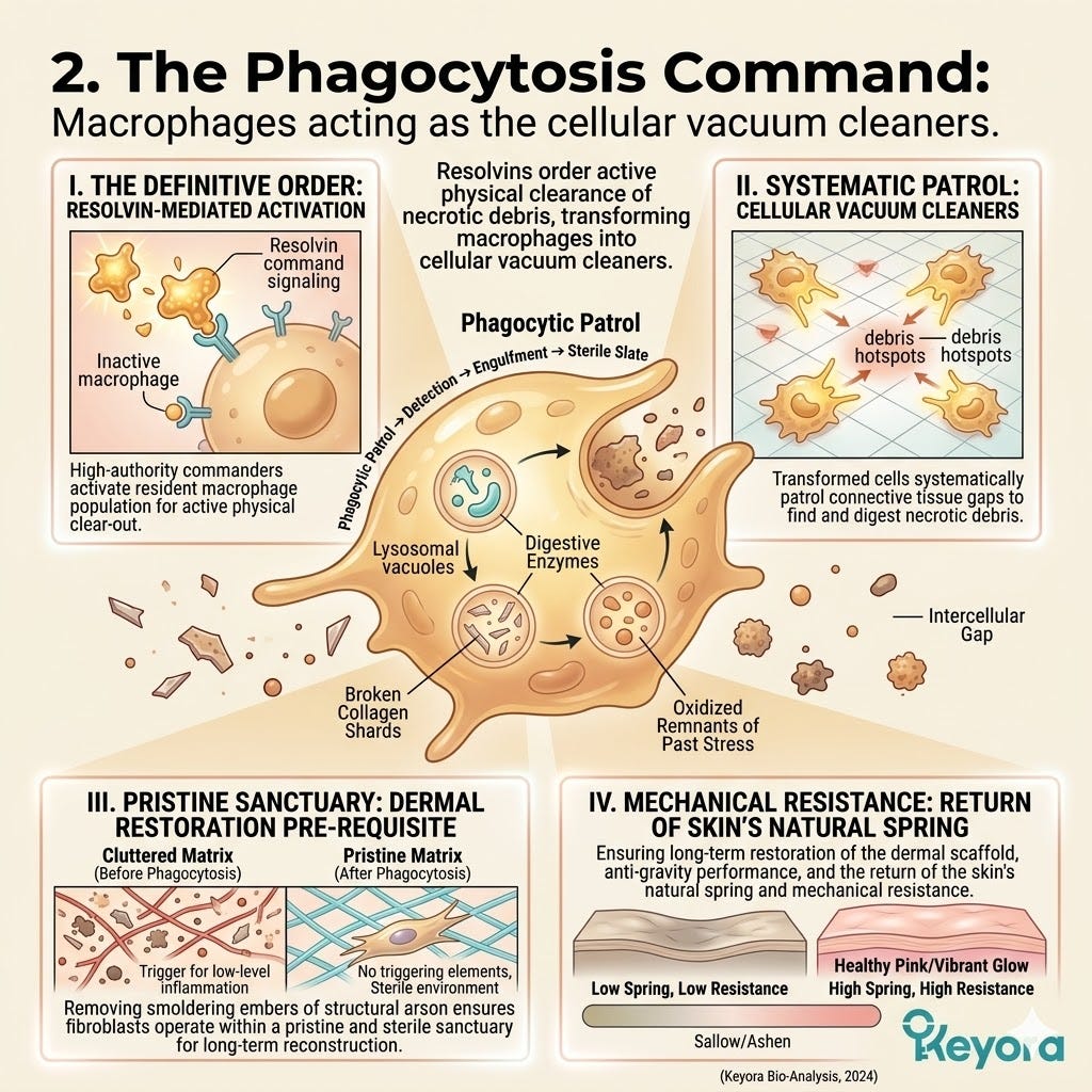 Resolvin commands transform macrophages into cellular vacuum cleaners to phagocytize necrotic debris, restoring ATP Synthesis and structural fluidity. Resolvin commands transform macrophages into cellular vacuum cleaners to phagocytize necrotic debris, restoring ATP Synthesis and structural fluidity.