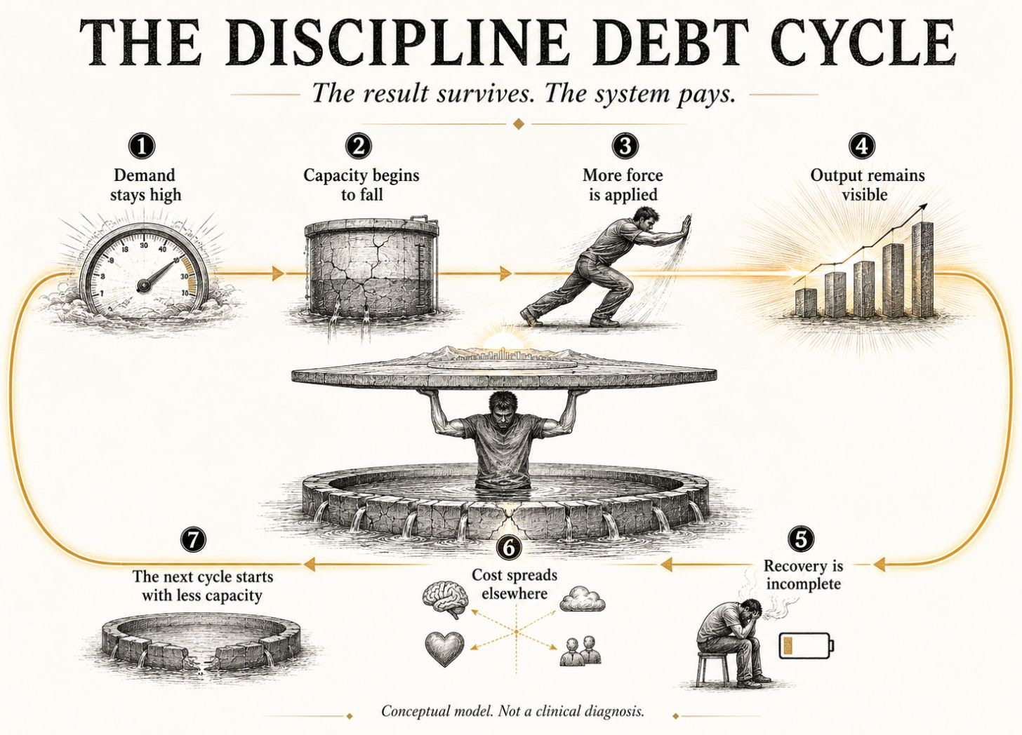 Flow diagram showing high demand, falling capacity, greater force, preserved output, incomplete recovery and spillover repeating as Discipline Debt.