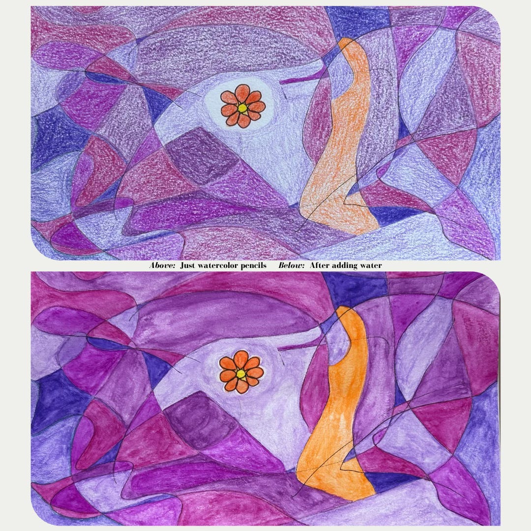 Top Half: Artwork drawn with watercolor pencils, featuring abstract shapes in purple, blue, and orange, intertwined around a central flower with an orange bloom and yellow petals. 	•	Bottom Half: The same drawing after adding water, showing enhanced and blended colors that give depth and a vivid appearance to the abstract shapes and the central flower.