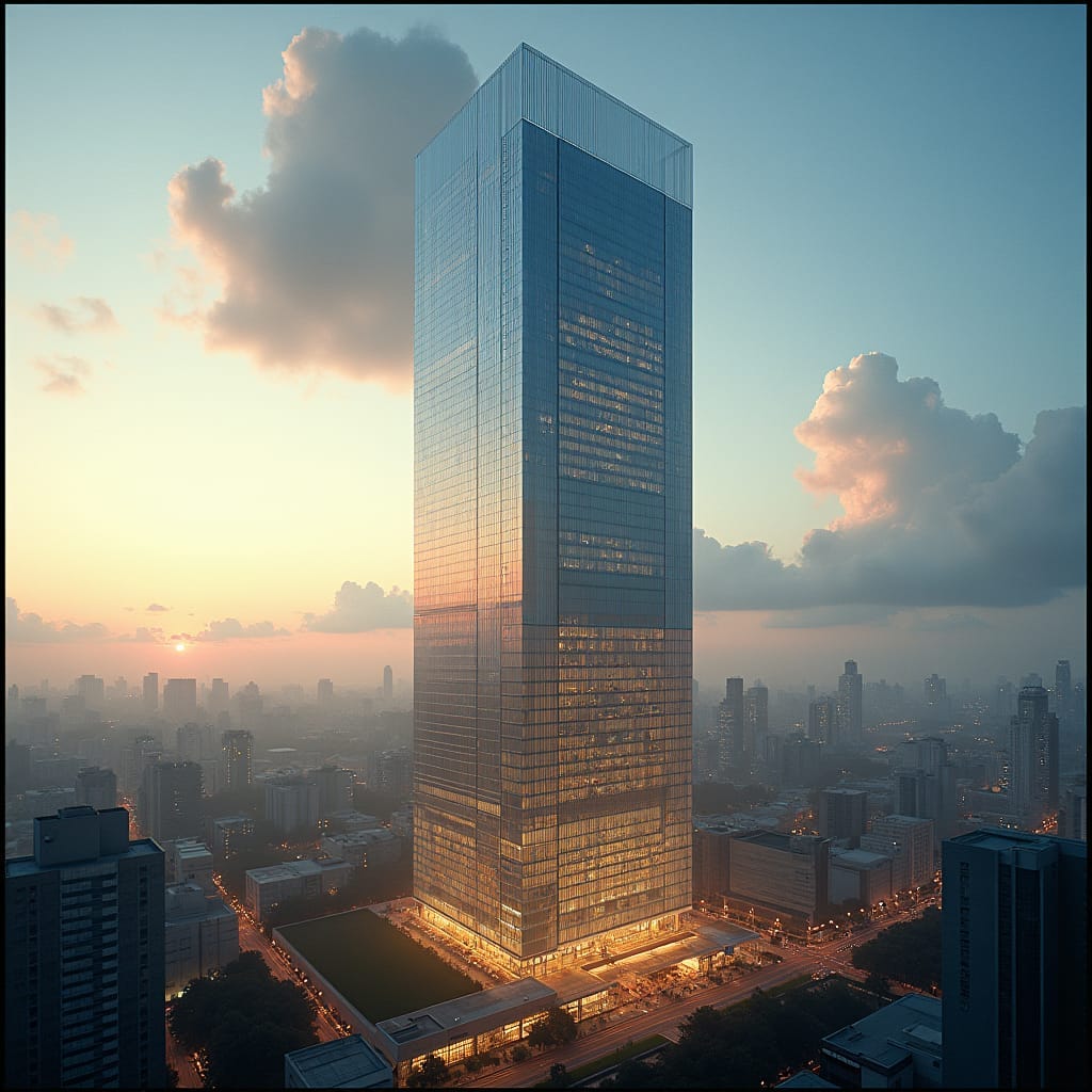 A colossal upside-down pyramid skyscraper located in the heart of Kingston, with its widest point at the top and the narrowest at the base. The building’s walls are made entirely of reflective glass, and it rises high above the city, defying traditional architectural logic. The upper floors house offices and luxury suites, with an open-air plaza at the base for public markets and events. Gravity-defying, inverted architecture, futuristic glass structure, urban marvel.
