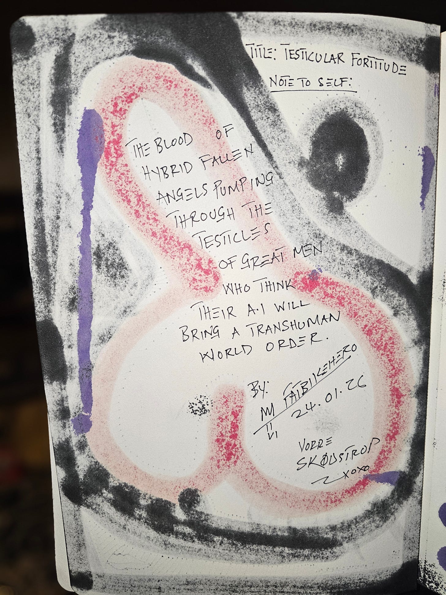 Alt Text: The reverse side of the sketchbook page showing the bleed-through of the pink shape. Handwritten text in black ink reads: "TITLE: TESTICULAR FORTITUDE. NOTE TO SELF: THE BLOOD OF HYBRID FALLEN ANGELS PUMPING THROUGH THE TESTICLES OF GREAT MEN WHO THINK THEIR A.I. WILL BRING A TRANSHUMAN WORLD ORDER. BY: FATBIKEHERO 24.01.26 VORRE SKØLSTRØP XOXO." Alt Text: The reverse side of the sketchbook page showing the bleed-through of the pink shape. Handwritten text in black ink reads: "TITLE: TESTICULAR FORTITUDE. NOTE TO SELF: THE BLOOD OF HYBRID FALLEN ANGELS PUMPING THROUGH THE TESTICLES OF GREAT MEN WHO THINK THEIR A.I. WILL BRING A TRANSHUMAN WORLD ORDER. BY: FATBIKEHERO 24.01.26 VORRE SKØLSTRØP XOXO."